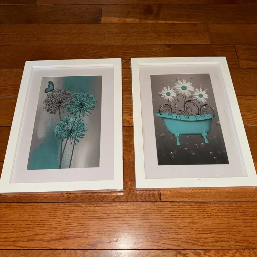 Teal Floral Wall Art Pair in White Frames
